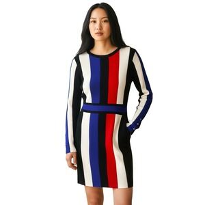 MIJAH Women Striped Knit Bodycon Dress Long Sleeve Red White Blue Black SZ L NWT